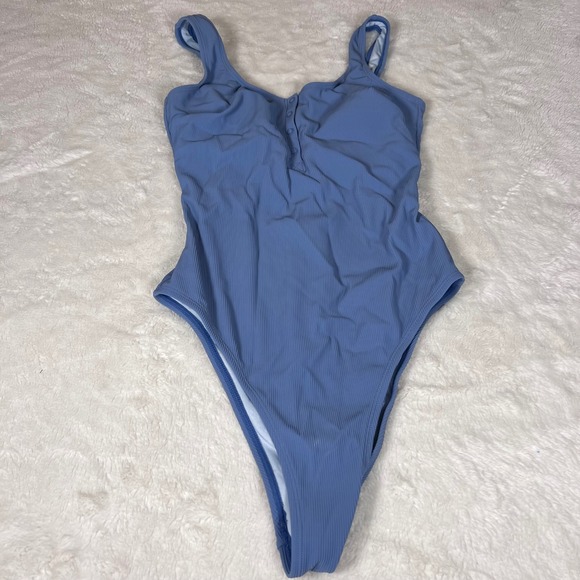Cupshe Women's Blue Ribbed Henley One Piece Swimsuit Long Torso Medium Tall NWT - Picture 4 of 10